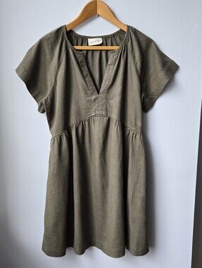 Linen Blend Sm Olive V-Neck Mini Dress Tunic Top Has Pockets, Universal Threads